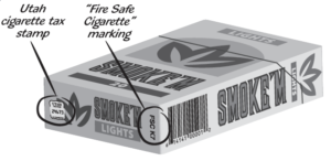 Cigarette carton and appropriate labeling of "fire safe cigarette" marking and Utah Cigarette Tax Stamp.