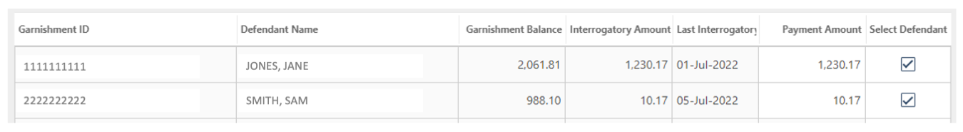 TAP example screen to make payment for multiple debtors’ garnishments